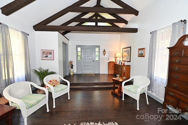 living area with dark hardwood / wood-style floors, high vaulted ceiling, and a wealth of natural light