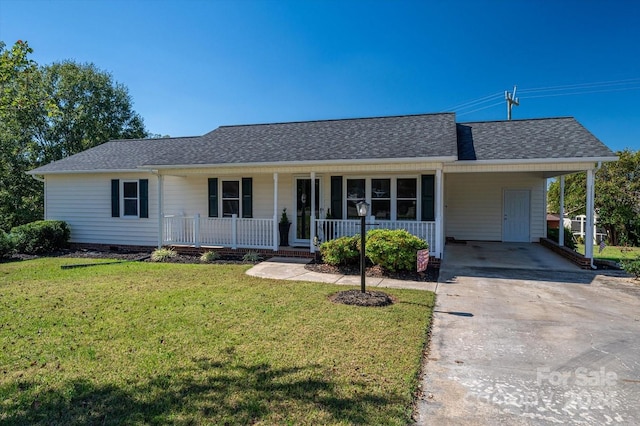 ranch-style house with a carport, a front yard, and covered porch