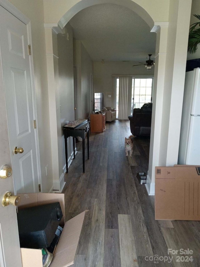 corridor featuring dark wood-type flooring and decorative columns