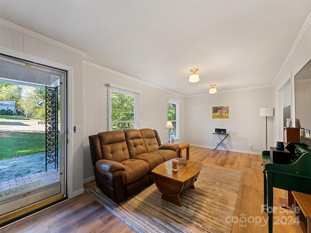 living room with wood-type flooring and crown molding