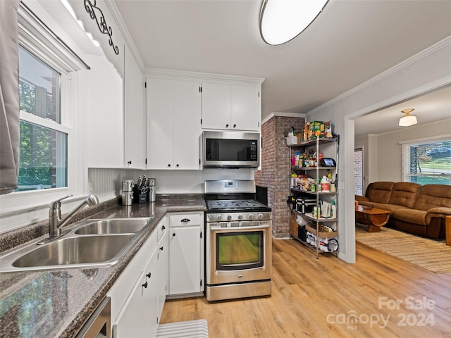 kitchen with sink, appliances with stainless steel finishes, light hardwood / wood-style flooring, and a healthy amount of sunlight