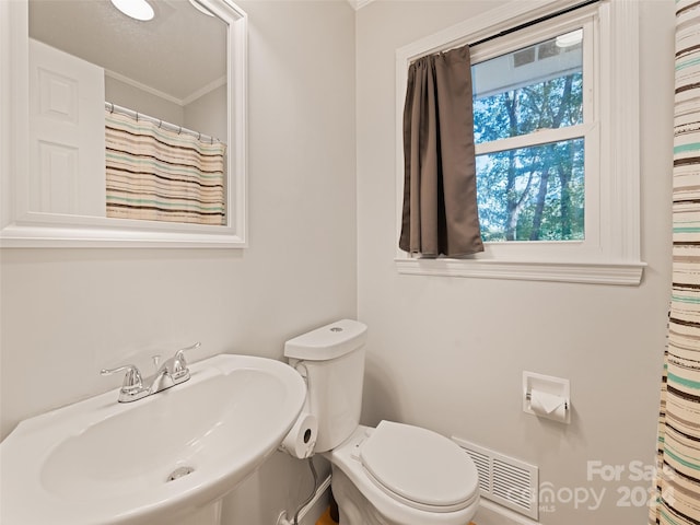 bathroom with ornamental molding, sink, toilet, and curtained shower