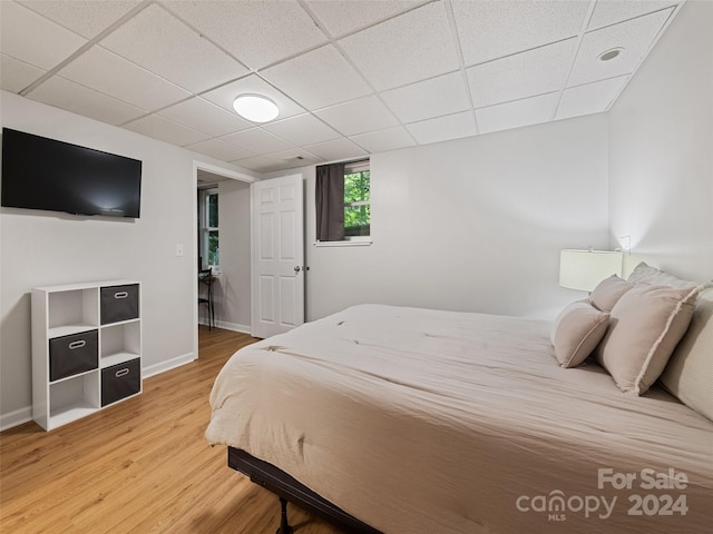 bedroom with a drop ceiling and hardwood / wood-style flooring