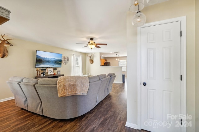 living room with ceiling fan and dark wood-type flooring