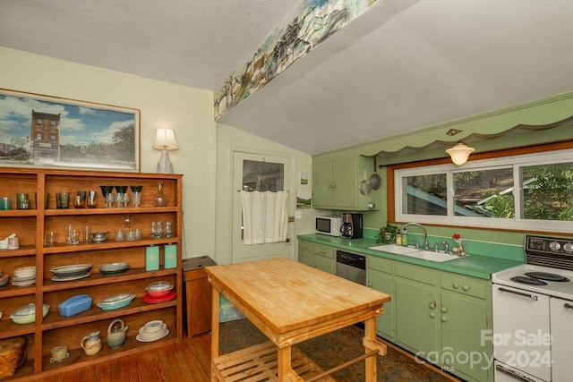 kitchen with white appliances, dark wood-type flooring, sink, green cabinetry, and lofted ceiling