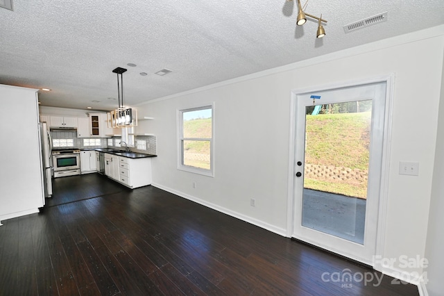 kitchen with pendant lighting, white cabinets, a textured ceiling, dark wood-type flooring, and stainless steel appliances