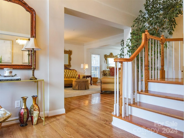 stairs featuring hardwood / wood-style floors