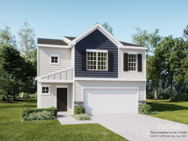 view of front facade featuring a front yard and a garage