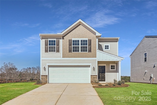 craftsman-style house featuring a garage, driveway, a front lawn, and stone siding