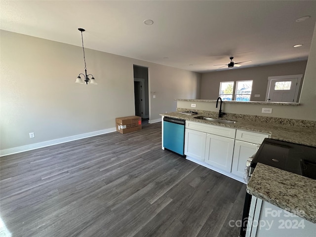 kitchen with light stone countertops, sink, pendant lighting, dishwasher, and white cabinetry