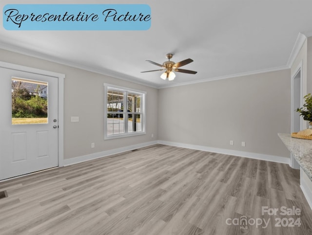 unfurnished living room featuring crown molding, light hardwood / wood-style flooring, and ceiling fan