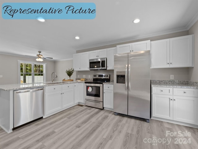 kitchen featuring stainless steel appliances, kitchen peninsula, and white cabinets