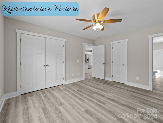 unfurnished bedroom with ceiling fan and light wood-type flooring