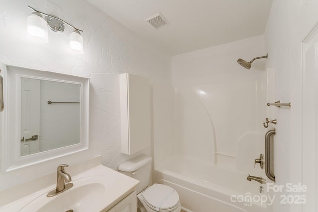 full bath featuring vanity,  shower combination, toilet, and visible vents