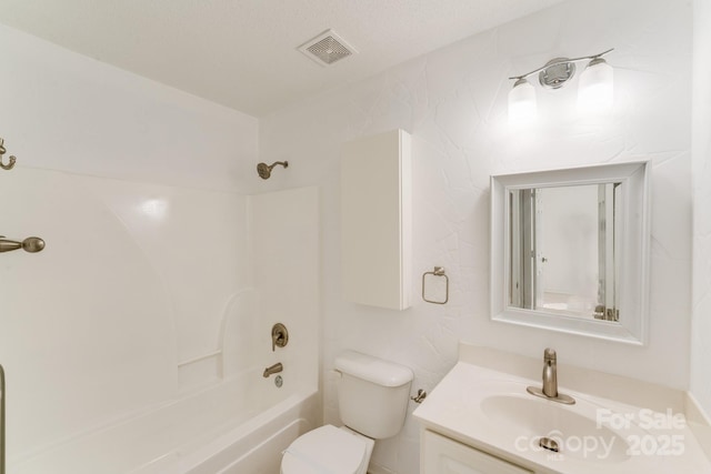 bathroom with vanity, bathing tub / shower combination, toilet, and visible vents