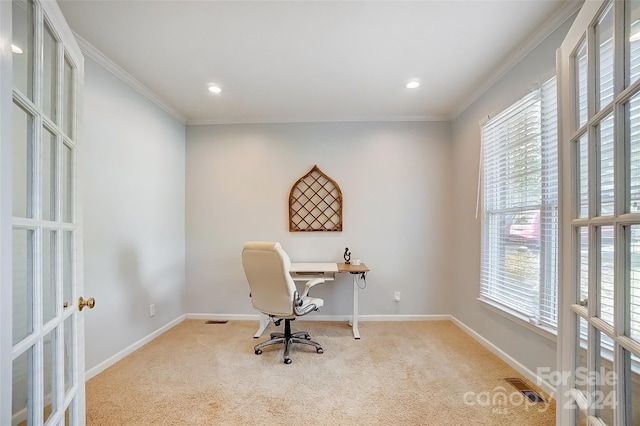 carpeted office featuring plenty of natural light and crown molding