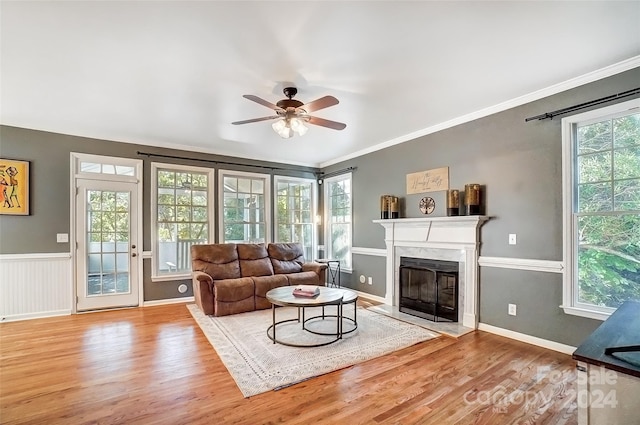 living room with ceiling fan, light hardwood / wood-style flooring, plenty of natural light, and crown molding