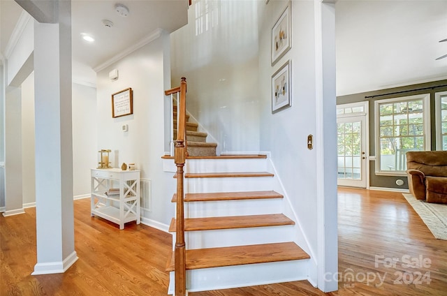 staircase featuring ornamental molding and hardwood / wood-style floors