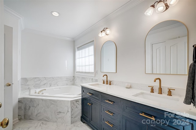 bathroom with ornamental molding, tiled tub, and vanity