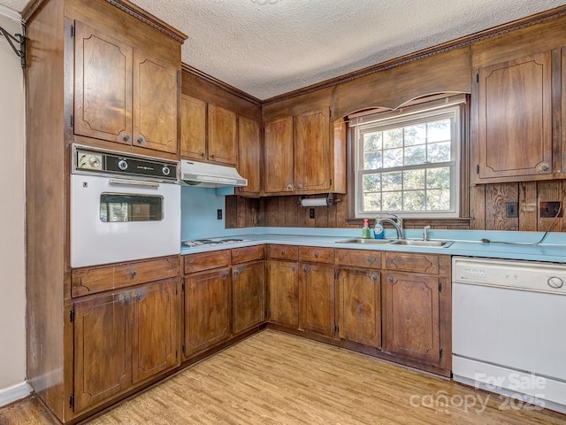 kitchen featuring a textured ceiling, sink, white appliances, and light hardwood / wood-style flooring