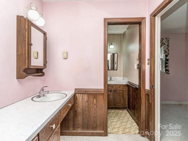 bathroom featuring vanity and wooden walls