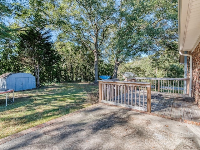 view of yard featuring a wooden deck, a patio area, and a storage unit