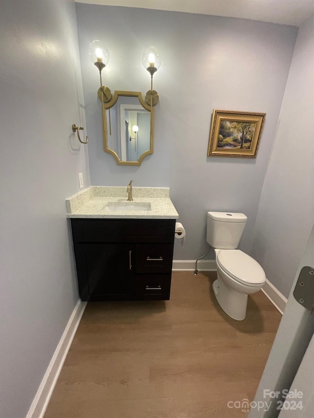 bathroom featuring vanity, toilet, and hardwood / wood-style flooring