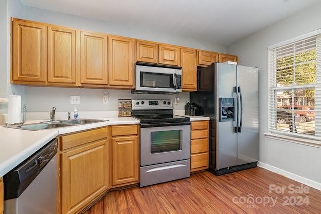 kitchen featuring light wood-type flooring, a healthy amount of sunlight, sink, and stainless steel appliances