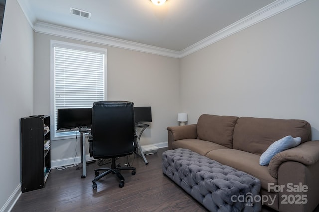 office space featuring dark hardwood / wood-style floors and ornamental molding