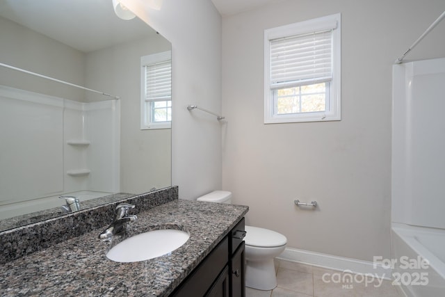 full bathroom featuring tile patterned floors, vanity, toilet, and tub / shower combination