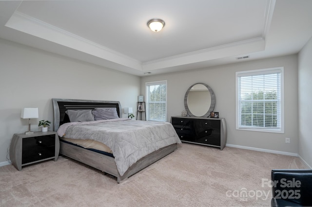 carpeted bedroom featuring a raised ceiling and crown molding