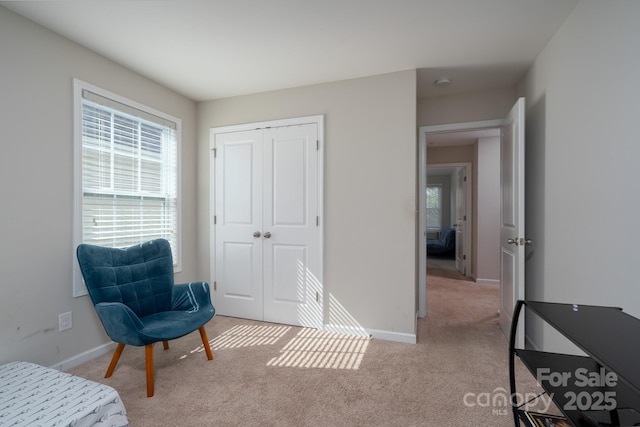 living area with light colored carpet