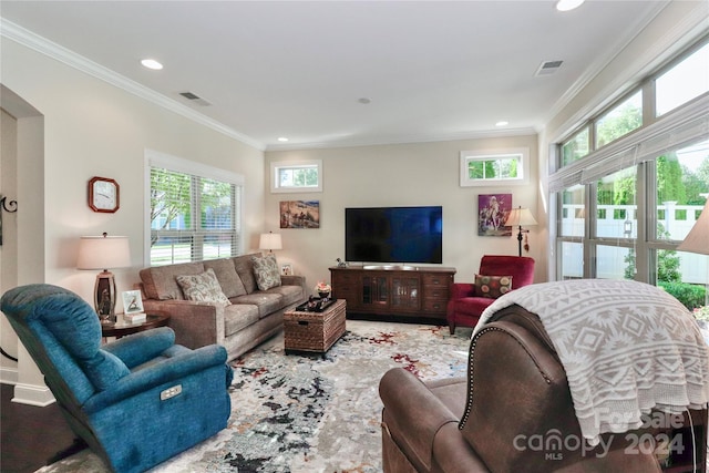 living room with crown molding and a wealth of natural light