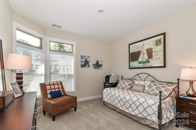 bedroom with light colored carpet