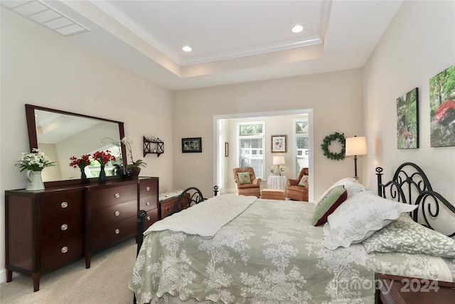 carpeted bedroom with a tray ceiling