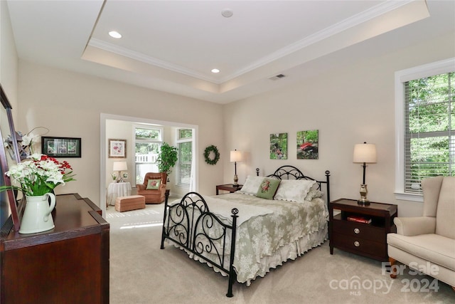 bedroom with a raised ceiling, crown molding, and light carpet