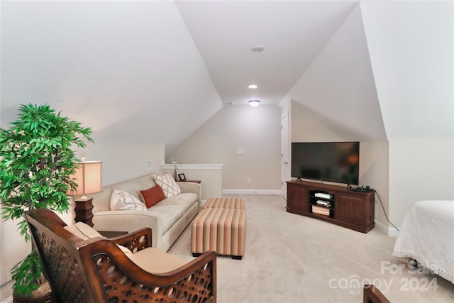 living room featuring light carpet and vaulted ceiling