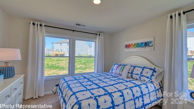 bedroom featuring light colored carpet and multiple windows