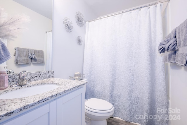 bathroom featuring vanity, hardwood / wood-style flooring, and toilet