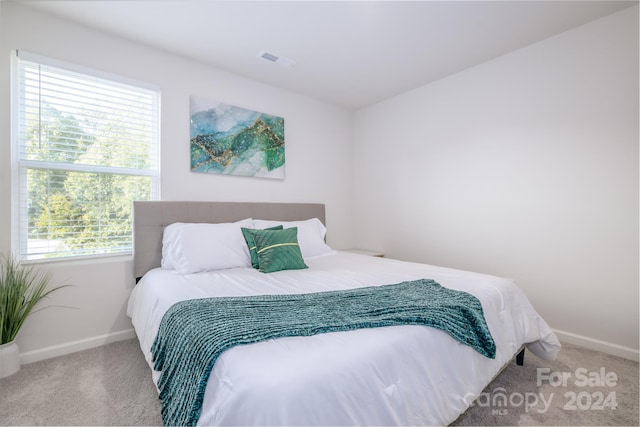 bedroom with light carpet