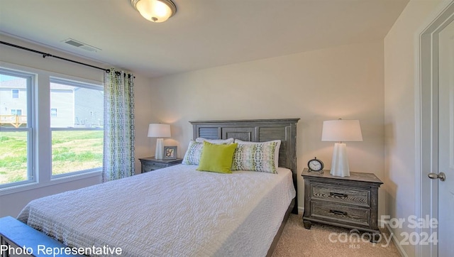 carpeted bedroom featuring multiple windows