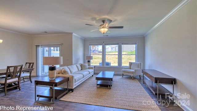 living room featuring dark wood-type flooring, ornamental molding, and ceiling fan