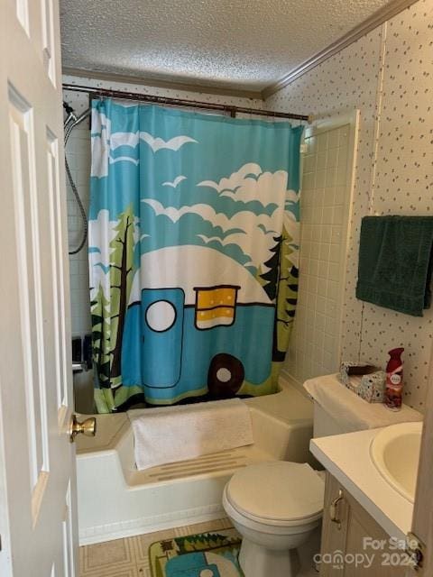 full bathroom featuring vanity, shower / bath combo, a textured ceiling, crown molding, and toilet