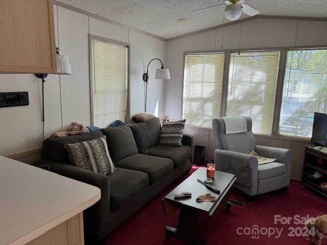 201 Deer Park Rd, Mount Gilead, NC 27306 - living area featuring a ceiling fan, lofted ceiling, a textured ceiling, and crown molding