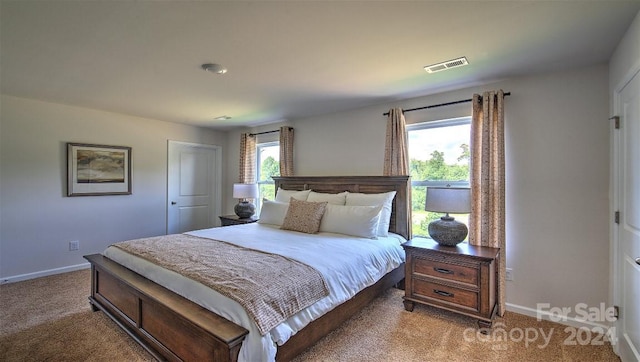 carpeted bedroom with baseboards, visible vents, and multiple windows