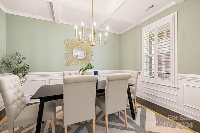 dining area featuring ornamental molding, dark hardwood / wood-style flooring, coffered ceiling, and an inviting chandelier