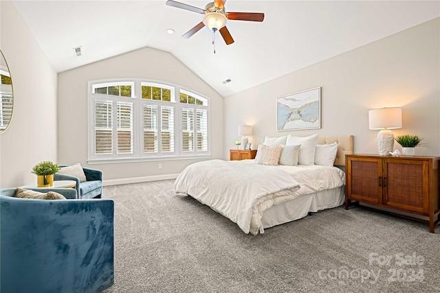 bedroom featuring carpet floors, lofted ceiling, and ceiling fan