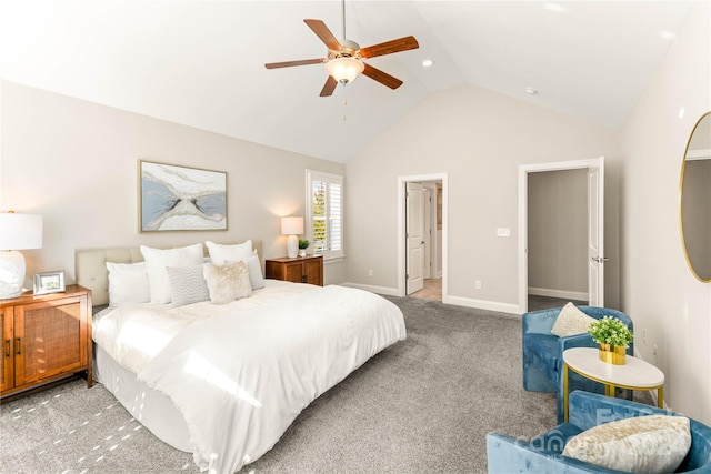 bedroom with carpet flooring, lofted ceiling, and ceiling fan