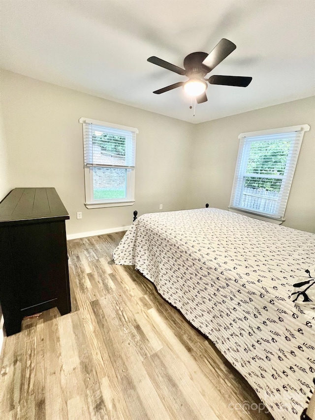 bedroom featuring ceiling fan and wood-type flooring