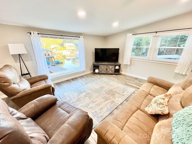 living room featuring lofted ceiling and wood-type flooring